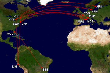 a map of the world with red lines