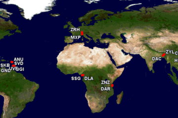 a map of the world with red dots