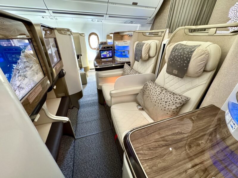 a seat and a table in a plane