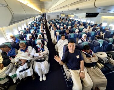 a group of people on an airplane