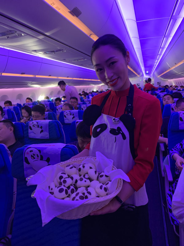 a woman holding a basket of pandas