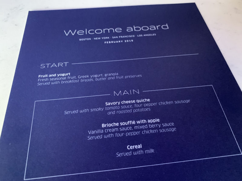 Breakfast Menu on United Trans-con flight